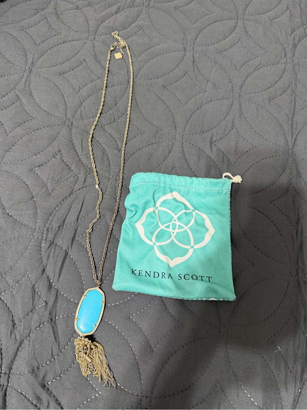 Kendra Scott Gold Necklace with Turquoise Blue Pendant and Tassel